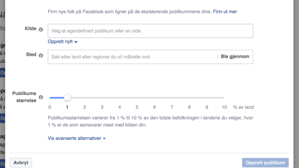 Screenshot fra Facebooks audience manager